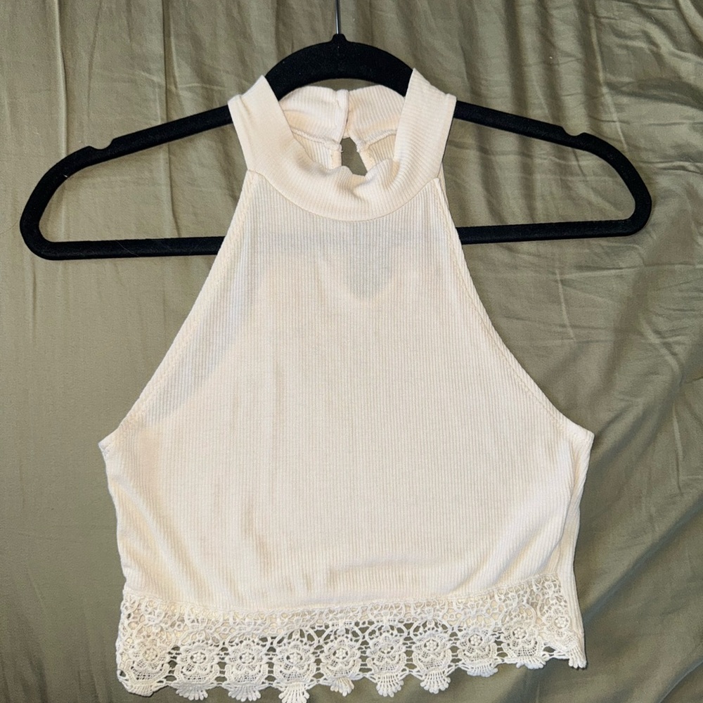 La Hearts Cream Sleeveless Crop Tank Top with Cut Out